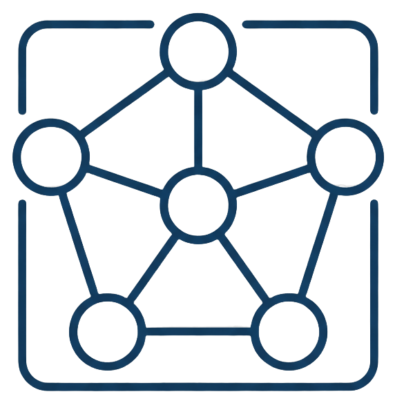 Remove the background from this image, making it fully transparent. Keep all the connected dots network icon elements — dots, connecting lines, colors, and style — exactly the same. Only the background should become transparent.