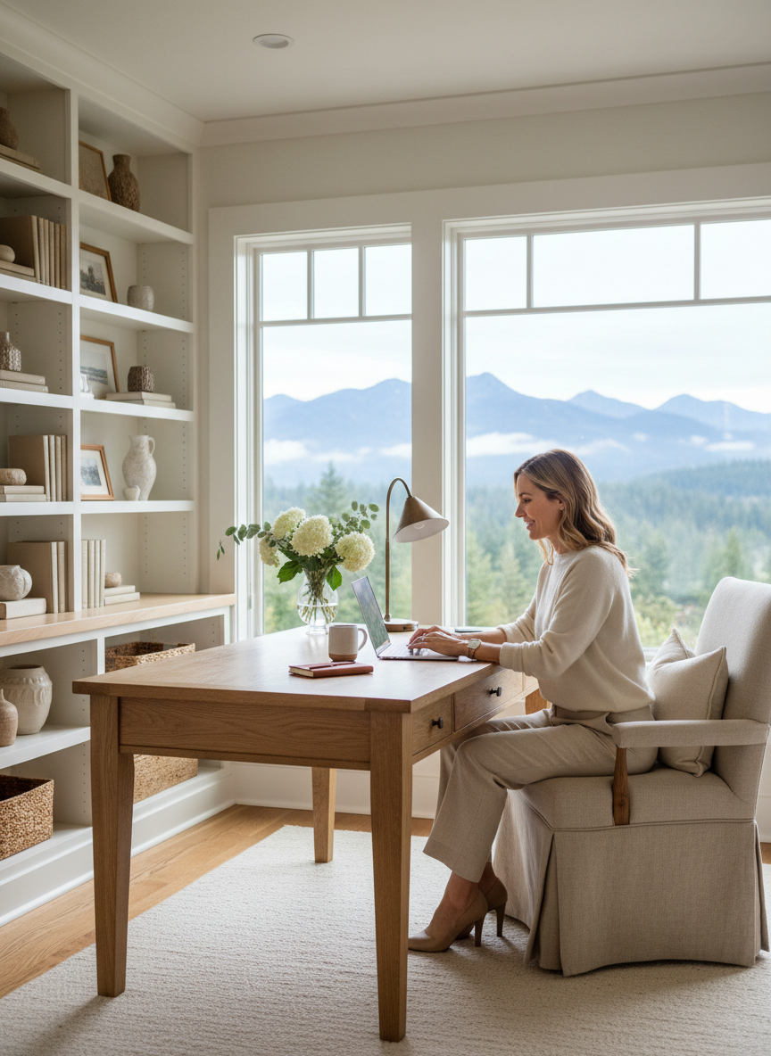 A polished, professional woman working on a laptop at a beautifully styled home office desk positioned naturally against a wall or near large windows. The room is clearly a dedicated study or home office — built-in shelves lined with tasteful books and objects, a proper desk chair, warm desk lamp, fresh flowers, linen and natural wood accents. Large windows behind or beside her reveal a sweeping Pacific Northwest landscape: dense evergreen forest, misty mountains, soft grey-blue sky. Nancy Meyers aesthetic: creamy whites, warm neutrals, impeccable but lived-in styling. The woman is polished but relaxed, dressed in elevated casual attire. Photographic realism, natural light, shallow depth of field. The desk placement makes complete sense — it belongs in the room.
